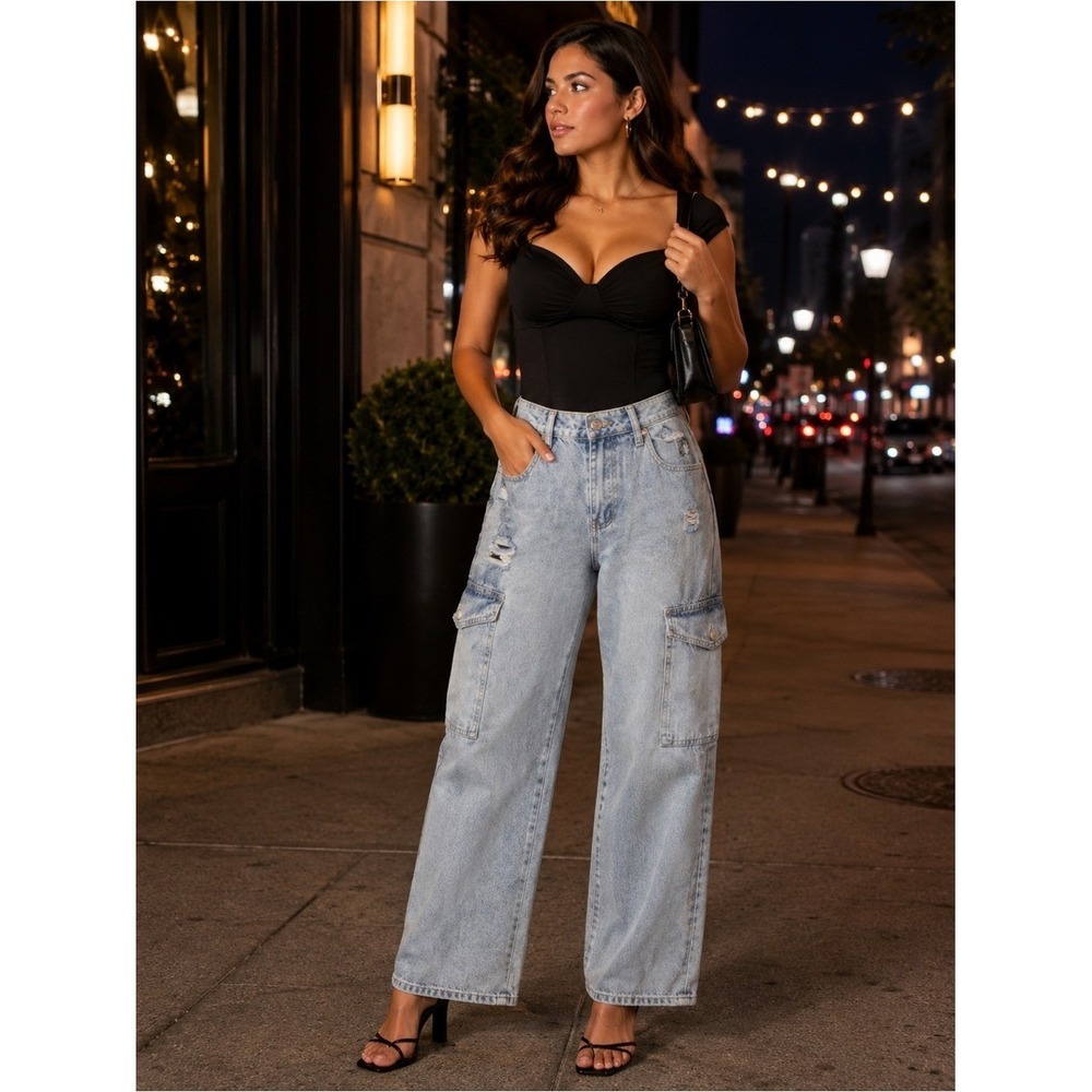 Indigo Rein Light Wash Wide Leg Cargo Jeans W26 L32 NEW